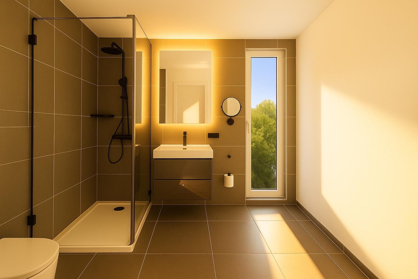 DUSCHBAD MIT BODENTIEFEM FENSTER UND ELEKTRISCHEN AUßENJALOUSIEN