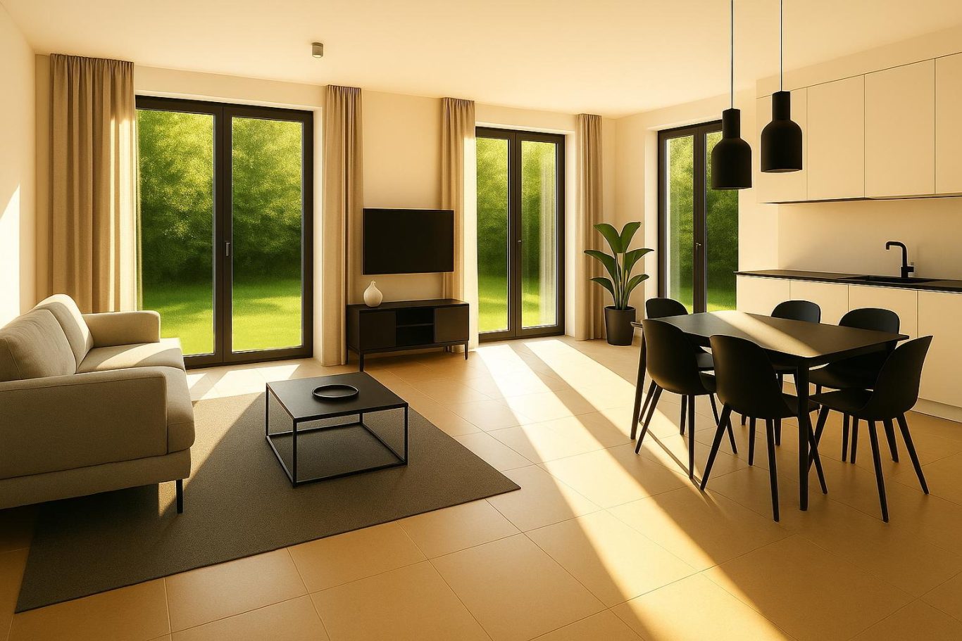 ECKWOHNUNGEN MIT 3 BODENTIEFEN FENSTERN UND AUßENJALOUSIEN - BEISPIEL IM ERDGESCHOSS